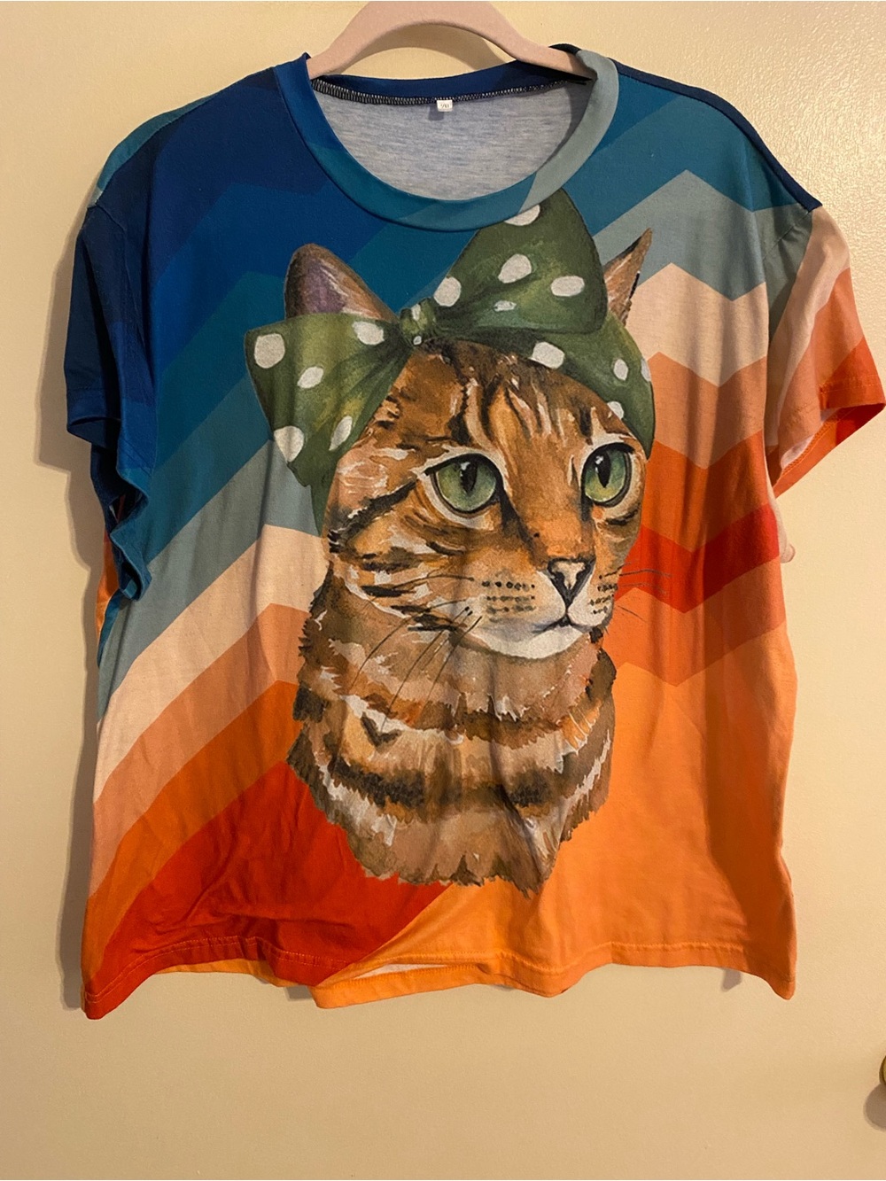 Cat Graphic Tee with Green Bow - Multicolor